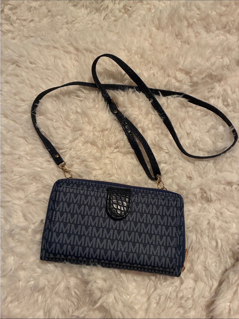 MFK  Navy Monogram Crossbody Wallet and cell phone wallet with Black Trim